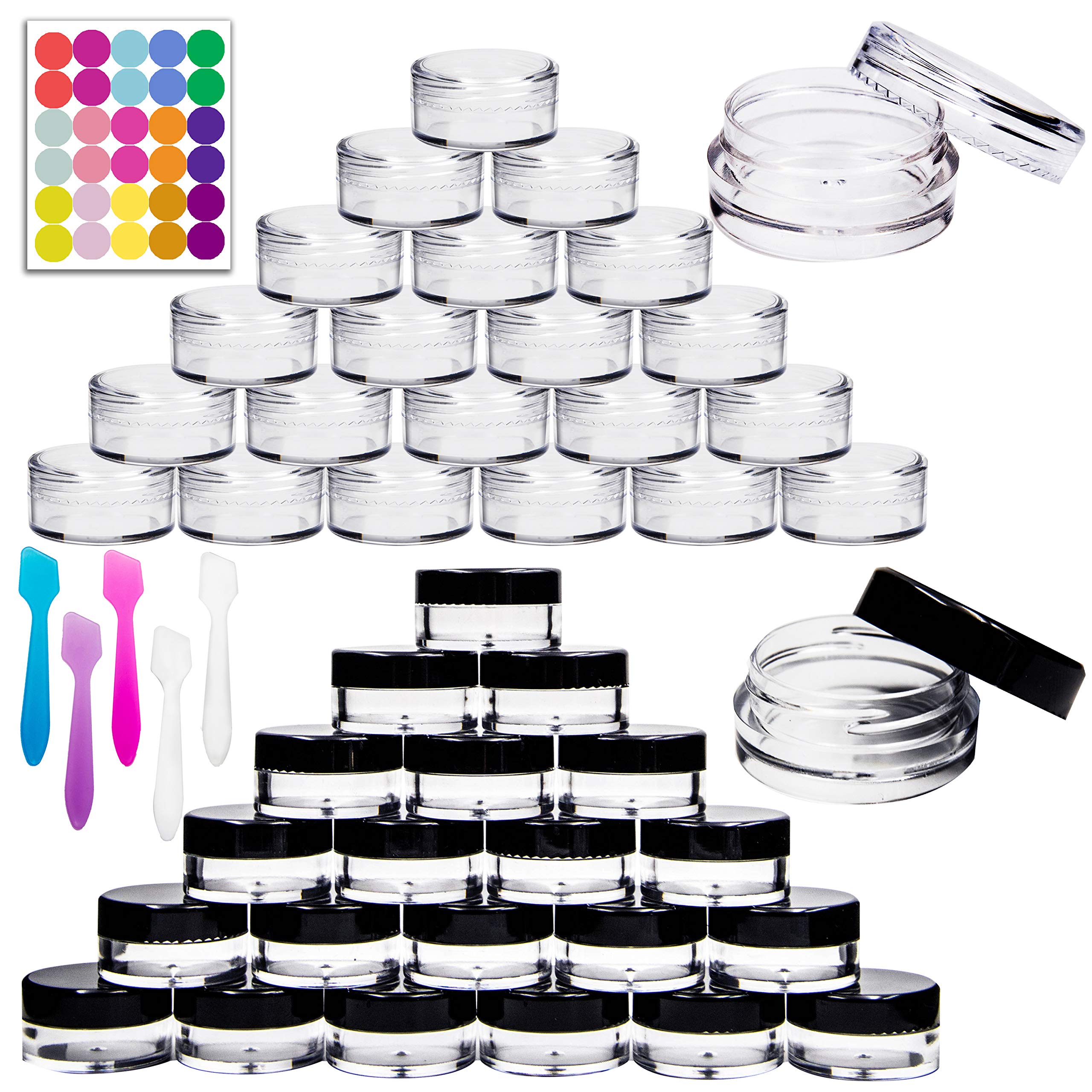 Youngever 140 Pcs Empty Plastic Cosmetic Samples Containers, 80 Pack 5G Plastic Jars With Lids (40 White,40 Black), 60 Pack 3G C